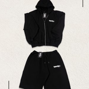 Trendy Two Piece Zipper Sleevless Hoodie - Black